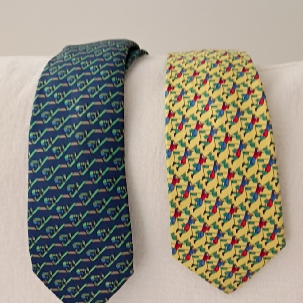Hermes Blue & Yellow Silk Ties with Patterned Motifs